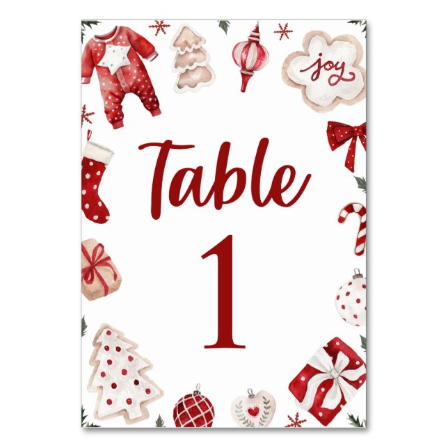 Red Winter Christmas Baby Shower Table Number Card (Front)