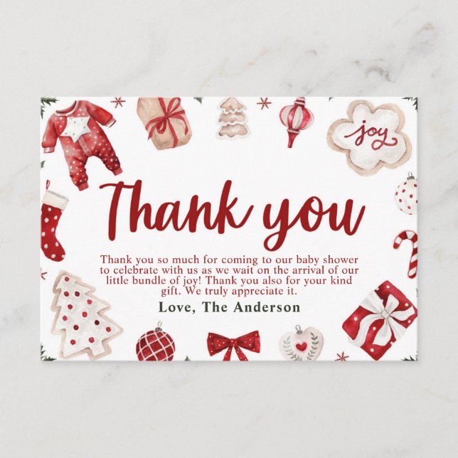 Red Winter Christmas Baby Shower Thank you Card (Front)
