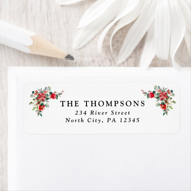 Red Winter Florals Holiday Return Address Label (Insitu)