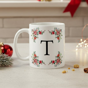 Red Winter Florals Monogram Coffee Mug