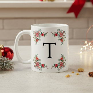 Red Winter Florals Monogram Coffee Mug
