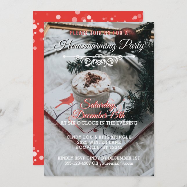 Red Winter Holiday Elegant Housewarming Party Invitation (Front/Back)