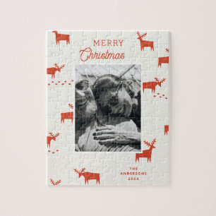 Red Winter Holiday Reindeer. Merry Christmas Photo Jigsaw Puzzle