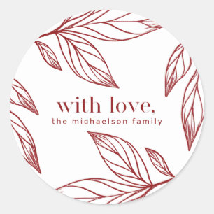 Red Winter Leaf Love and Name Christmas Holiday Classic Round Sticker