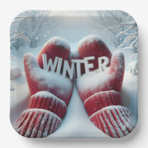 Red Winter Mittens With Snowflakes Paper Plate