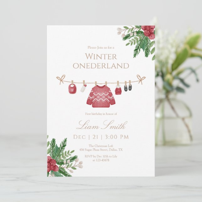 Red Winter Onederland First Birthday Invitation (Standing Front)