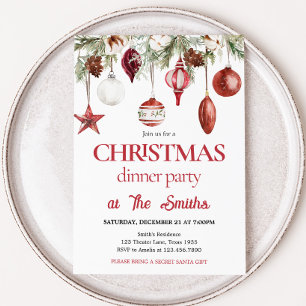 Red Winter Ornaments Dinner Christmas Party Invitation