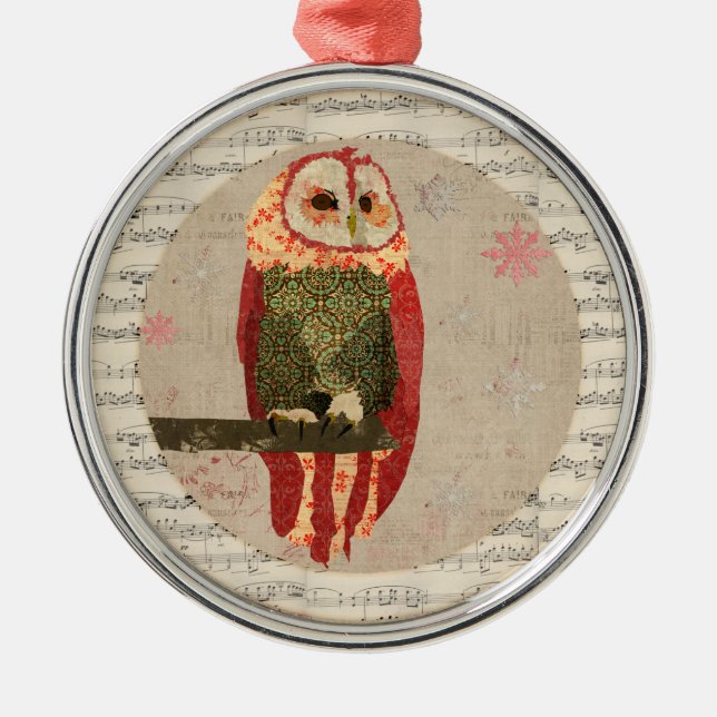 Red Winter Owl Snowflakes Ornament (Front)