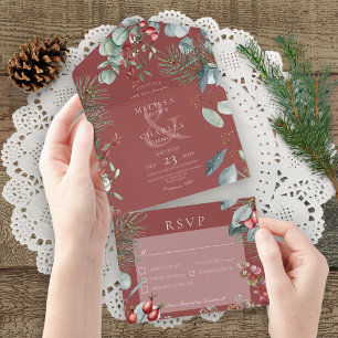 Red Winter Pine Berries Eucalyptus Dinner All In One Invitation