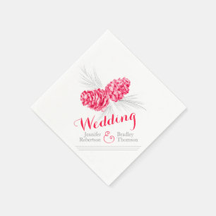 Red winter pine cone art wedding paper napkins