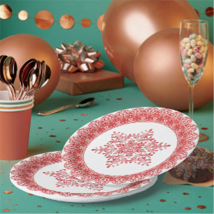 Red Winter Snowflake Lace Edge Paper Plate