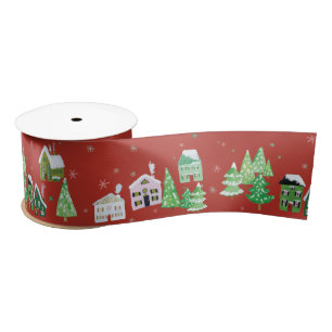 Red Winter Village Scene Christmas Satin Ribbon