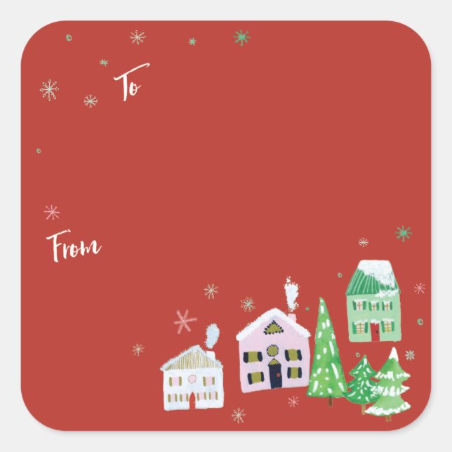 Red Winter Village To From Gift Wrap Square Sticker (Front)