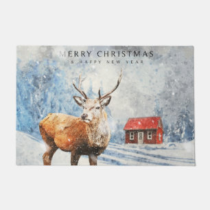 Red Winter Woodland Cabin w/Deer Merry Christmas Doormat