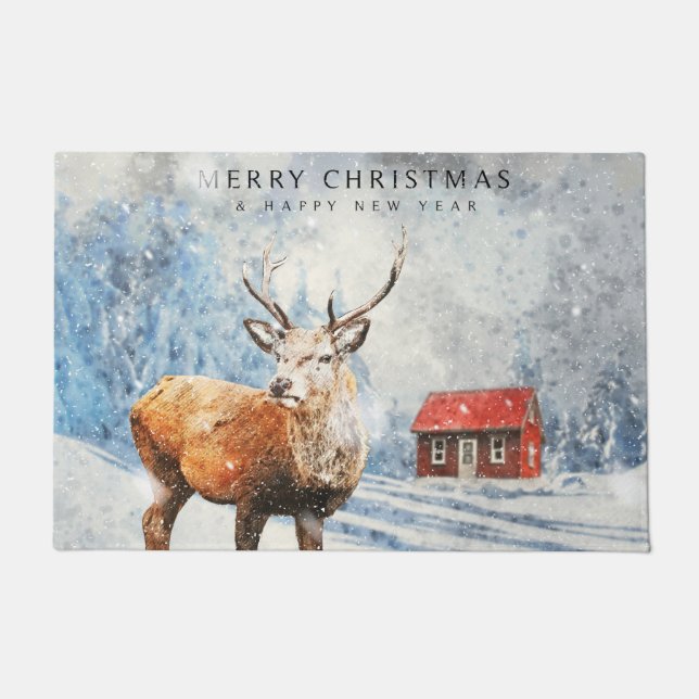 Red Winter Woodland Cabin w/Deer Merry Christmas Doormat (Front)