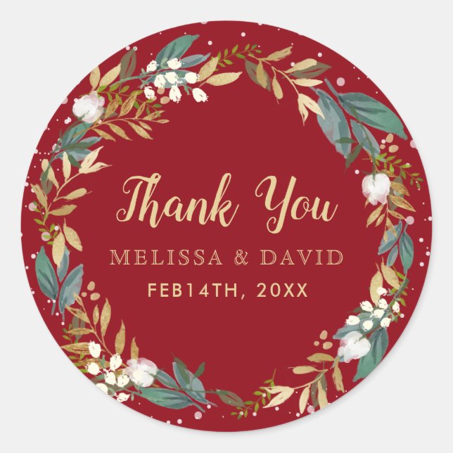 Red Winter Wreath Thank You Stickers (Front)