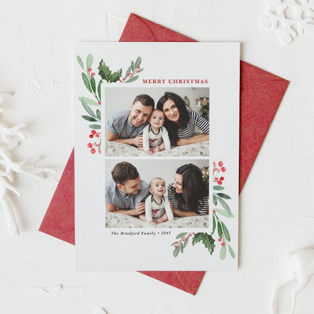 Red Winterberry and Holly Two Photo Christmas Holiday Card (Watercolor Red Winterberry and Holly Two Photo Collage Merry Christmas Card)
