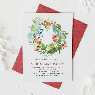 Red Winterberry and Juniper Wreath Christmas Party Invitation