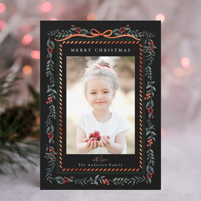 Red Winterberry Frame Black Christmas Photo Holiday Card (Creator Uploaded)