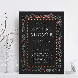 Red Winterberry Frame Bridal Shower Black Invitation