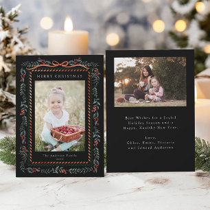 Red Winterberry Frame Christmas 2 Photo Black Holiday Card