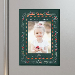 Red Winterberry Frame Green Christmas Photo Magnet