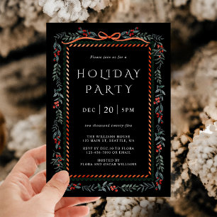 Red Winterberry Frame Holiday Party Black Invitation