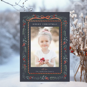 Red Winterberry Frame Navy Christmas Photo Holiday Card