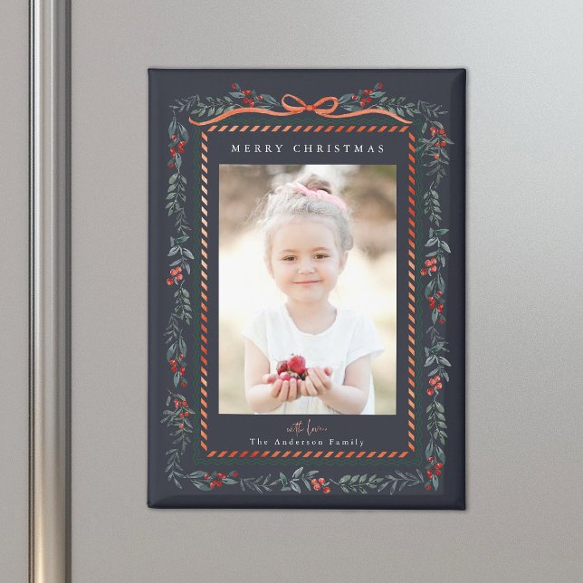 Red Winterberry Frame Navy Christmas Photo Magnet (Creator Uploaded)