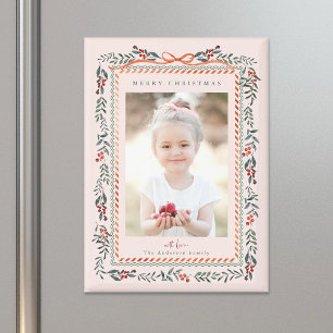 Red Winterberry Frame Pink Christmas Photo Magnet