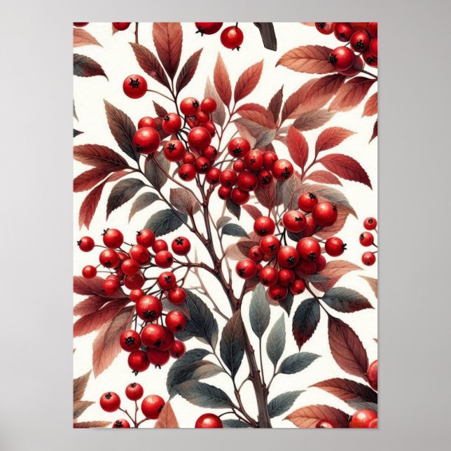 Red Winterberry Fruit Pattern Watercolor Poster (Front)