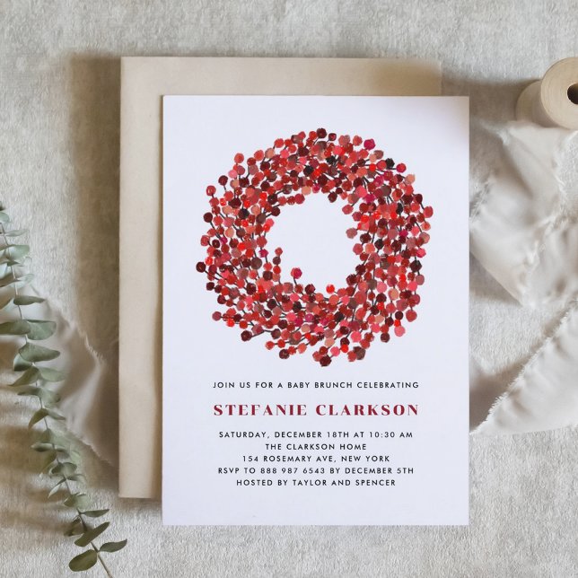 Red Winterberry Wreath Christmas Baby Brunch Invitation (Baby Brunch invitation featuring watercolor winterberry wreath. Perfect for Christmas events.)