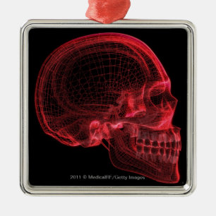 Red wireframe of a skull metal ornament