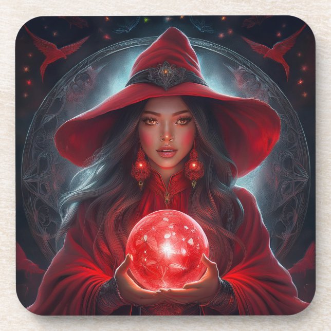 Red Witch With Crystal Ball And Amazing Background Coaster (Front)