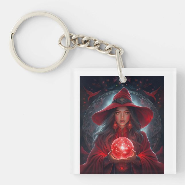 Red Witch With Crystal Ball And Amazing Background Key Ring (Front)