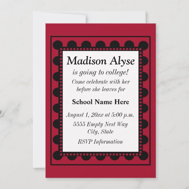 Red with Black Dots Off To College Invite (Front)