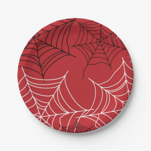 Red with Black & White Spiderwebs Halloween Paper Plate