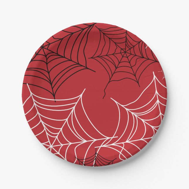 Red with Black & White Spiderwebs Halloween Paper Plate (Front)