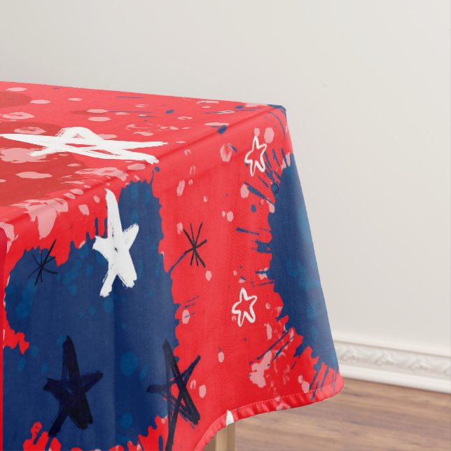 Red with Blue Splatters and Black and White Stars Tablecloth (In Situ)