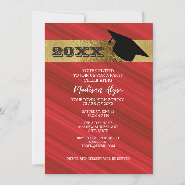 Red with Gold and Graduation Cap Party Invitation (Front)