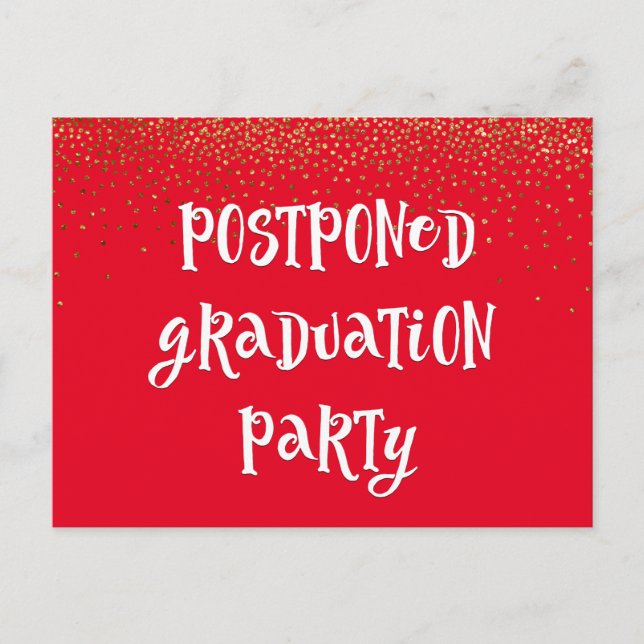 Red with Gold Confetti Postponed Graduation Party Postcard (Front)