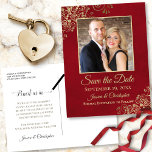 Red with Gold Frills Photo Save the Date Wedding Announcement Postcard<br><div class="desc">Let your friends and family know to save the date for your upcoming wedding with this simple yet elegant postcard. It features a beautiful design with gold text on a lush marbled red background, and your photo surrounded by lacy gold curls and swirls. The back has a cute graphic reading...</div>
