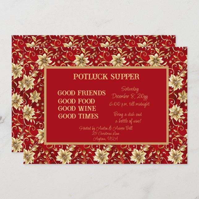 Red with Gold Poinsettia Christmas POT LUCK Supper Invitation (Front/Back)