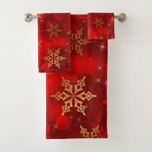 Red with Gold Snowflakes Bath Towel Set