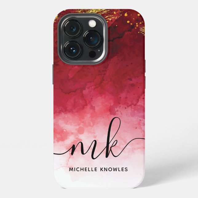 Red with Gold Splash Personalised Monogram iPhone Case (Back)