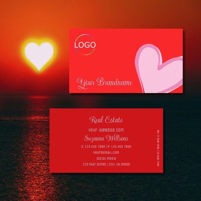 Red with Gorgeous Pink Heart and Logo Modern Cute Business Card (Creator Uploaded)