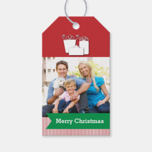 Red with Green Banner and Photo, Christmas Gift Tags