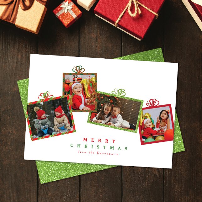Red with Green Glitter Photo Gift Boxes Christmas Holiday Card (Creator Uploaded)