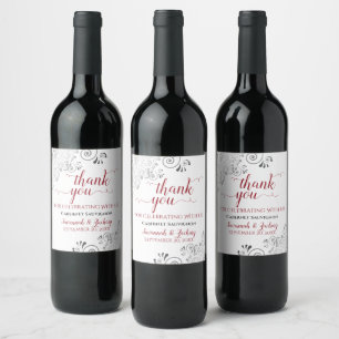 Red with Grey Frills on White Wedding Thank You Wine Label