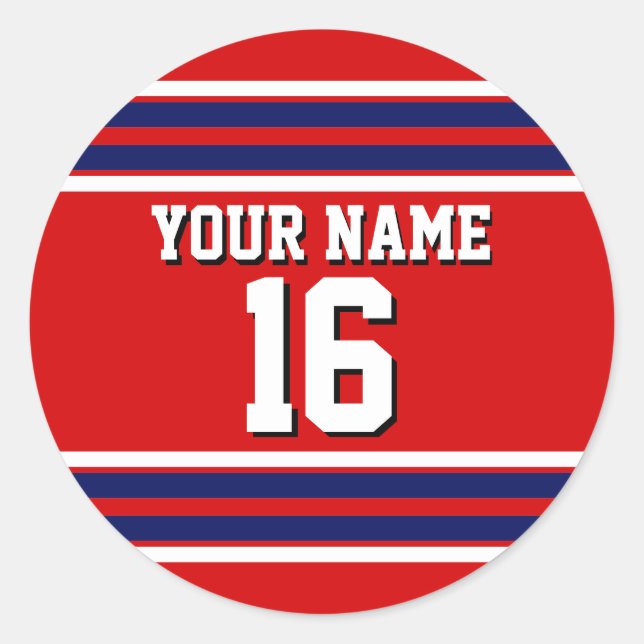 Red with Navy White Stripes Team Jersey Classic Round Sticker (Front)